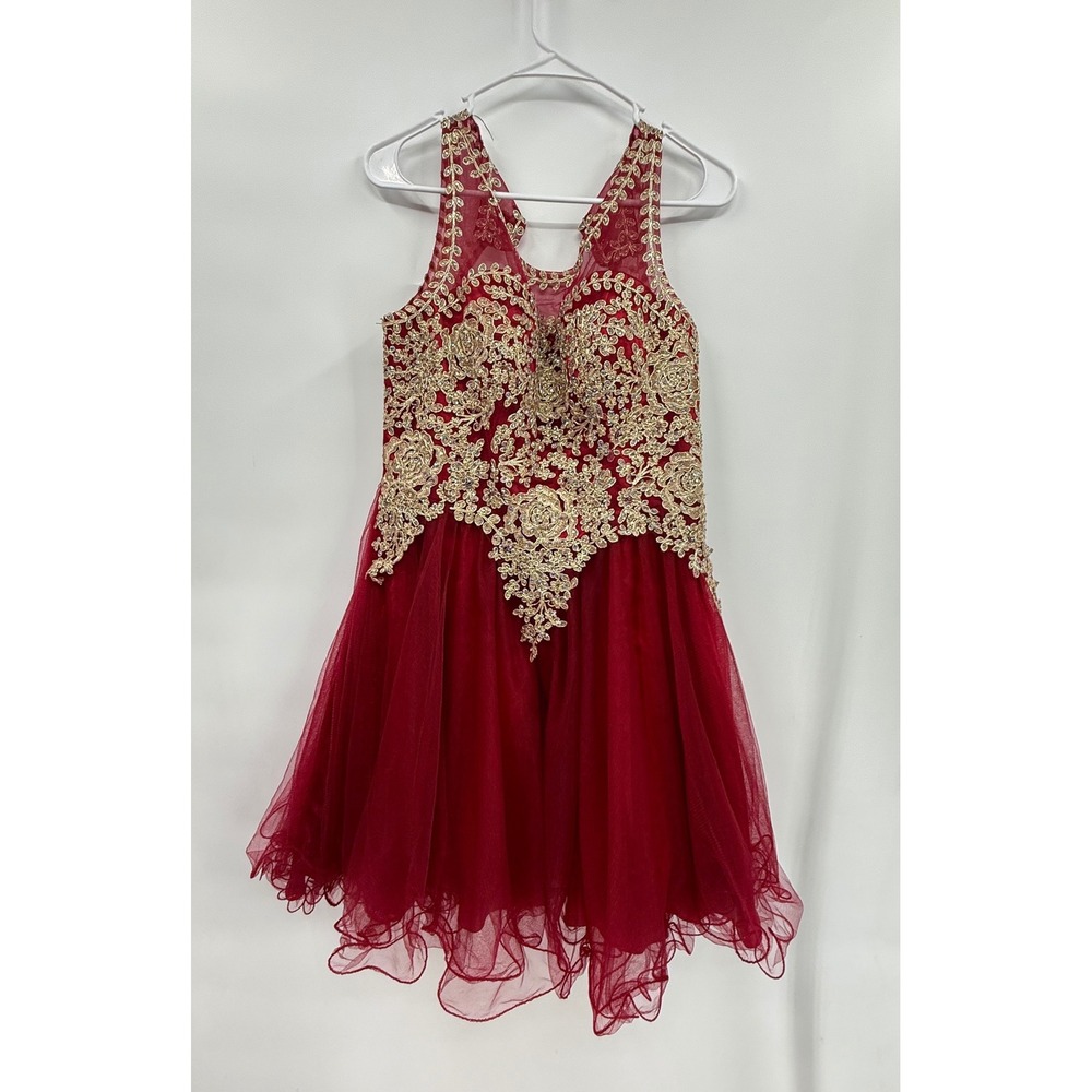 Cinderella Couture 20 Formal Dress Girls Burgundy Gold Lace Rhinestone Tulle